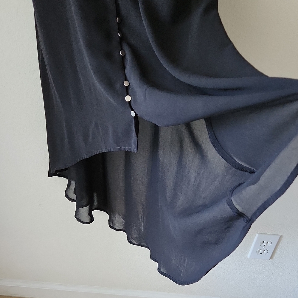 Black Slip Dress Camisole Straps High Low Hem silver tone buttons Pleated Waist - Picture 6 of 16